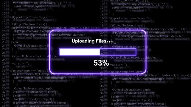 Dynamic digital progress bar animation featuring real-time file uploading percentage counter overlaid on a scrolling background, of complex software, source code for, modern tech and cybersecurity