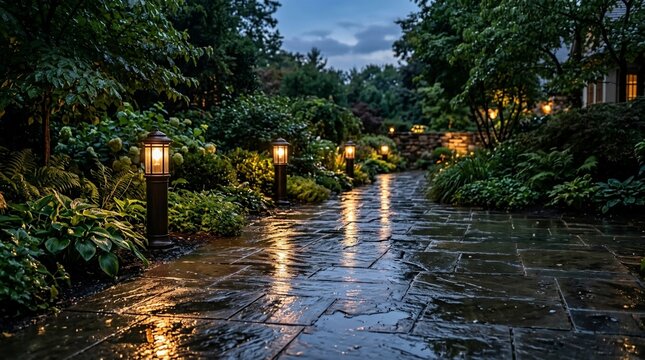 Illuminated garden path after rain with lush greenery and soft light