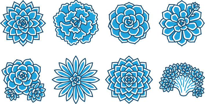 Blue Succulent and Flower Blossom Vector Icon Set for Botanical Branding, Wedding Invitations & Floral Pattern Design (EPS)