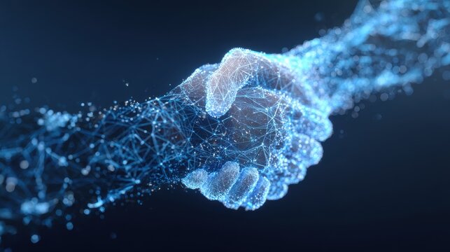 Digital handshake composed of glowing blue particles on a dark background symbolizing technology