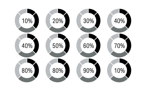 Progress loading circle charts with percentage indicators in black and grey tones. Vector illustration