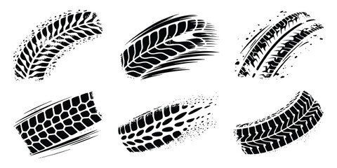 Black grunge tire track marks and skid trails silhouette vector graphic illustration background design element. © Artful