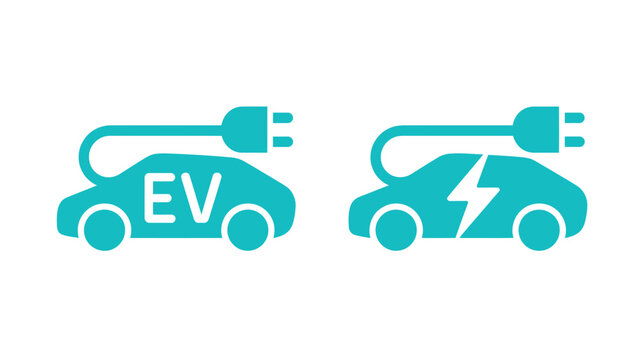 Set of electric vehicle icons featuring charging cable and lightning bolt symbols. Vector illustration
