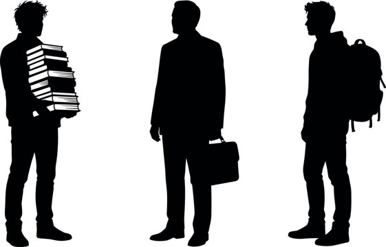 Business professionals and students with books and backpack silhouettes representing corporate training higher education internship and career development