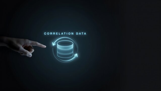 Digital finger pointing at interactive database icon representing data correlation