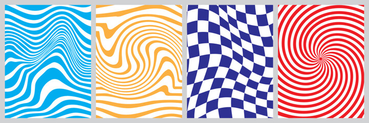 Obraz premium Set of Four Modern Abstract Geometric Backgrounds with Wavy Lines, Spiral Patterns and Distorted Checkerboard Effects
