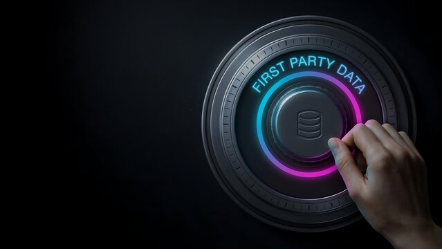 Human hand activating digital dial interface labeled first party data for secure information management