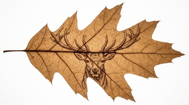 Intricate deer head illustration engraved on a dried autumn oak leaf isolated on white background