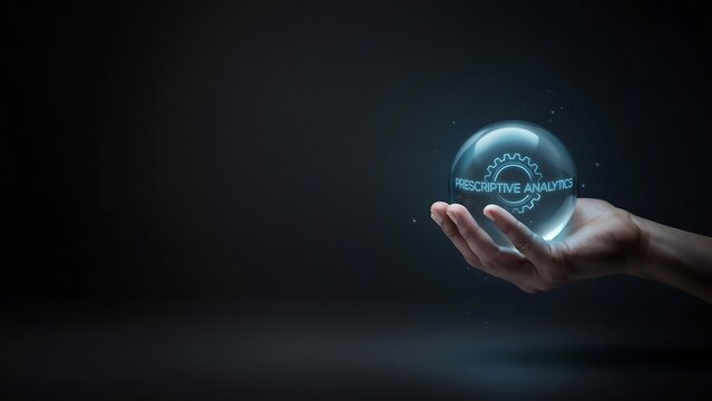 Human hand holding glowing crystal sphere with prescriptive analytics text