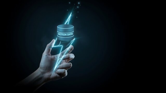 Human hand holding glowing digital database icon with lightning bolt power symbol