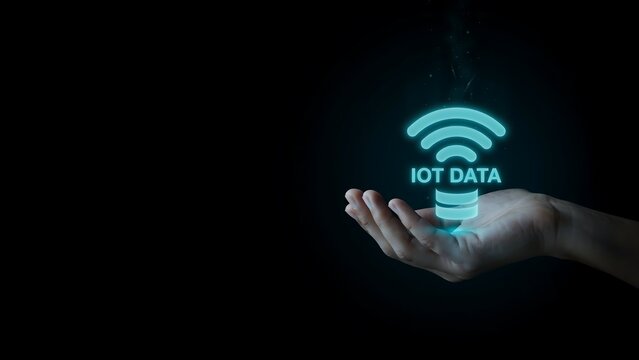 Human hand holding glowing wireless internet of things data connection icon concept