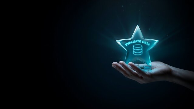 Human hand holding glowing star symbol representing data evaluation concept for modern digital business intelligence