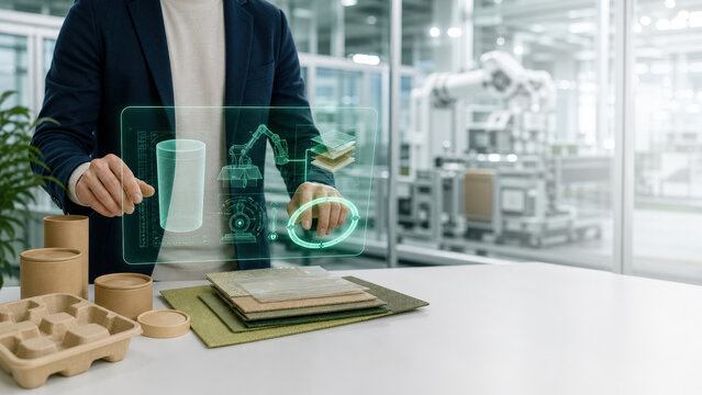 Packaging Engineer Arranging Holographic Compostable Material Dashboard