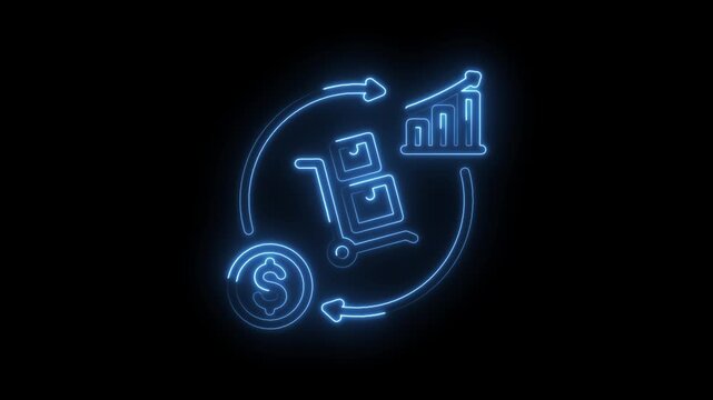 Neon glowing business growth cycle with shopping cart dollar coin and upward bar chart icon