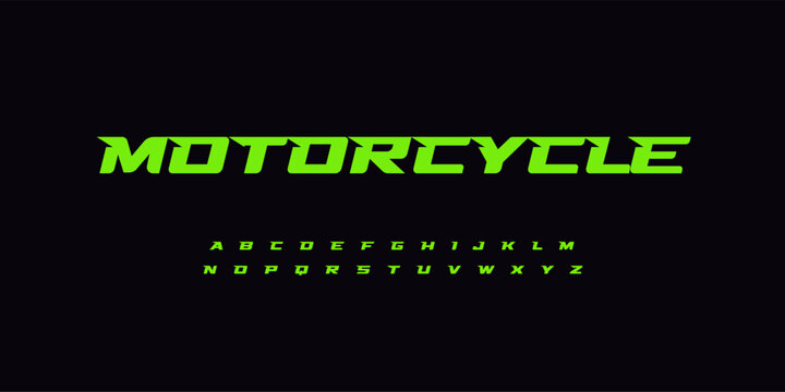 Motorcycle alphabet, wide bold font for powerful dynamic lettering, swift automotive logo, energetic daring headline, car racing branding. Green letters on black BG. Vector typeset