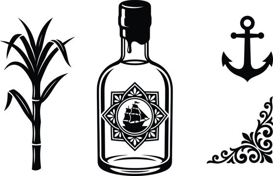 Illustration rendering of a rum bottle with a ship label surrounded by a sugar cane stalk and a maritime metal anchor.
