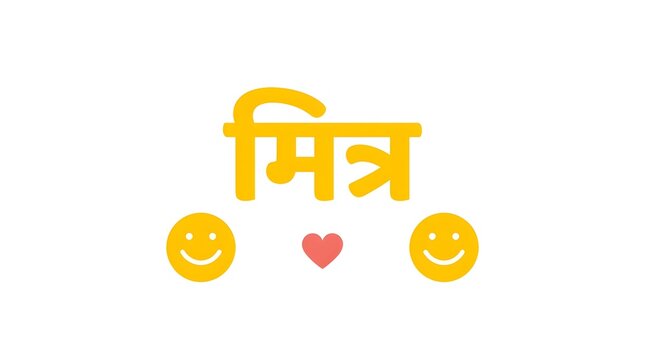Hindi word "mitra" meaning friend, with two smiley faces and heart symbol.