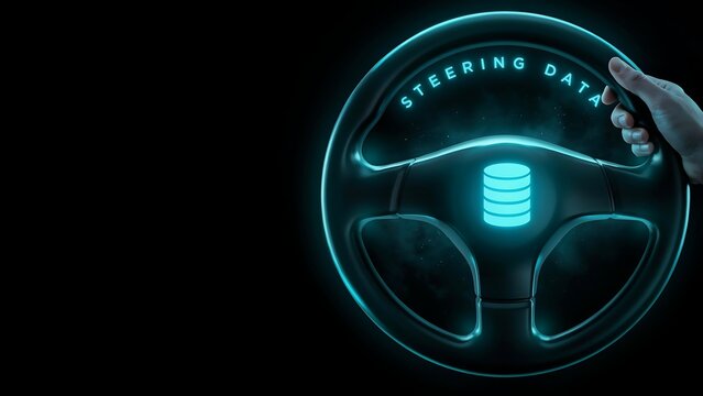 Human hand steering digital data management concept with glowing neon interface control wheel
