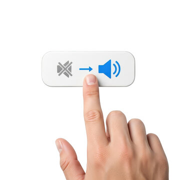 A human finger pressing a digital button to switch from a muted state to an active audio volume isolated on transparent background