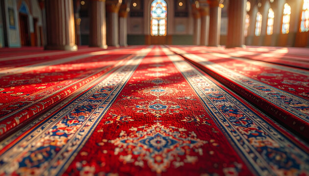 Intricate patterned carpet in grand hall with sunlight streaming through windows