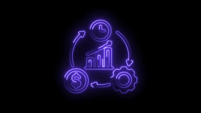 Neon glowing business cycle diagram with financial growth chart dollar coin and gear icon