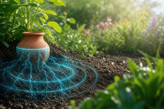 Clay Olla Irrigation Pot with Holographic Slow Watering Dashboard