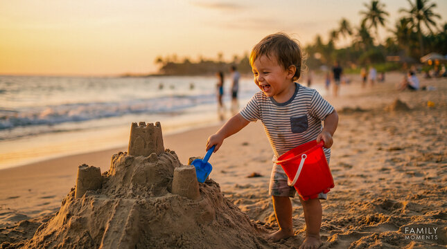 Ni&ntilde;o construyendo un castillo de arena durante unas vacaciones familiares en la playa.