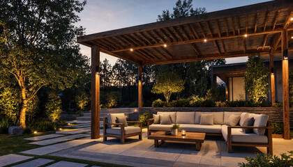 Obraz premium Backyard patio retreat with wooden pergola and stylish outdoor furniture during peaceful sunset hours backyard furniture landscape lighting architecture exterior relaxation lifestyle
