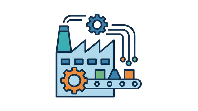 Industrial factory with conveyor belt and gears, representing manufacturing and production processes in industry