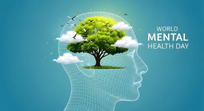 World mental health day concept tree growing within a human head silhouette