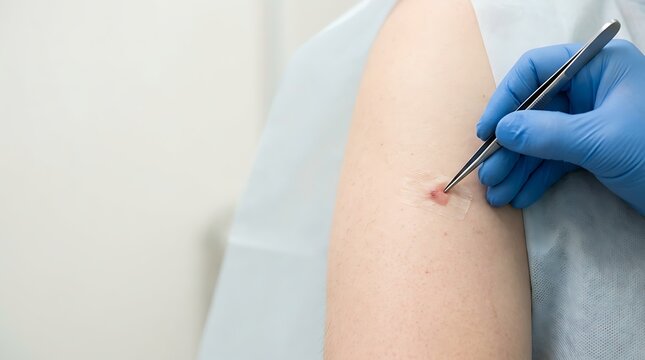 Doctor using tweezers to treat a skin lesion on a patient arm