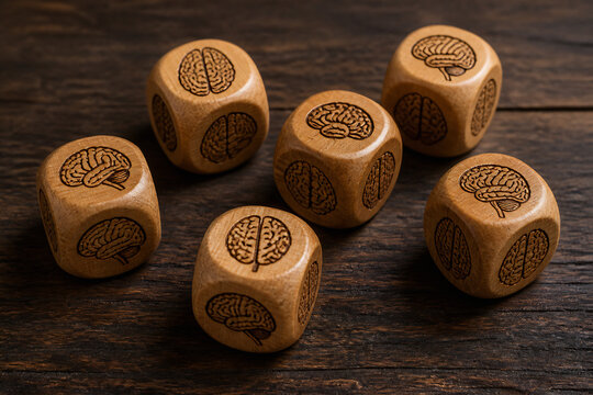 Several wooden dice engraved with brain patterns are scattered on a dark wooden surface.