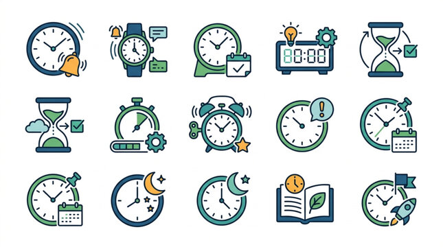 Colorful flat design clock and time icons collection.