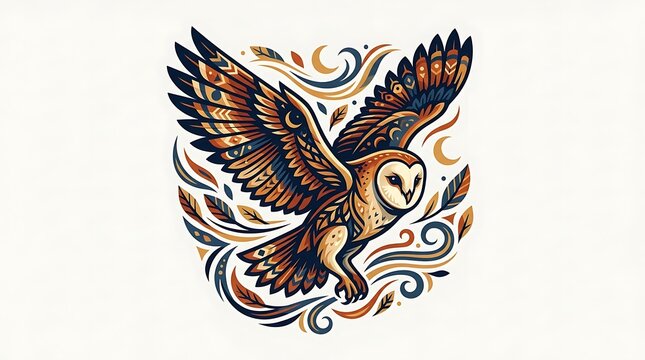 Ornate barn owl in flight with intricate folk art patterns