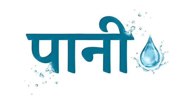 Hindi word pani meaning water written in blue font with decorative liquid water drop art.