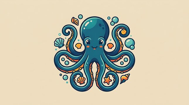 Cute blue cartoon octopus with seashells and bubbles