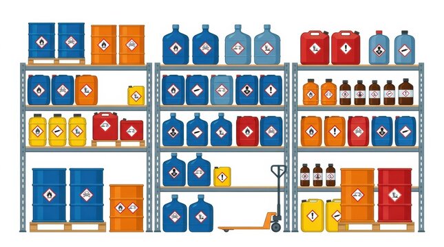 Shelves in a warehouse hold different containers marked with chemical hazard symbols for safety. Labels comply with safety guidelines.