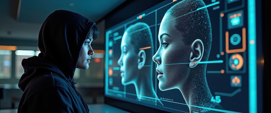 Woman in hoodie analyzing futuristic facial recognition technology on large digital screen