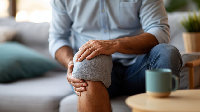 Senior man using a hot water massage bag for knee joint pain relief while sitting on the sofa, natural therapy, muscle relaxation, joint care concept, with copy space