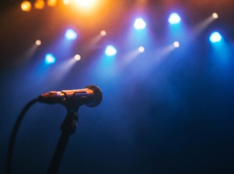 Live performance concept, microphone on stage stand with dramatic blue and orange stage lighting, entertainment and music industry
