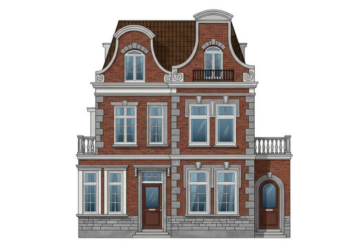 Red brick house with large windows and roof dormer isolated on transparent background