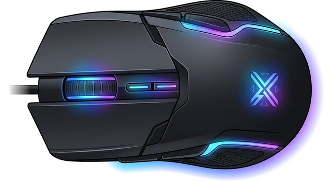 Top view of a professional black gaming mouse with rgb neon light