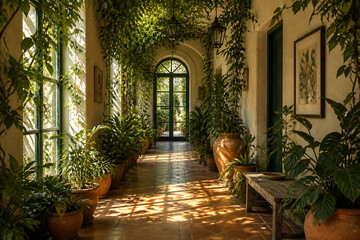 Fototapeta premium A sunlit, ivy-covered arched hallway with potted plants and framed art.