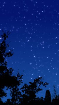 starry night sky with trees meditation motion background,glowing and shiny stars relaxing stream vertical social media design element