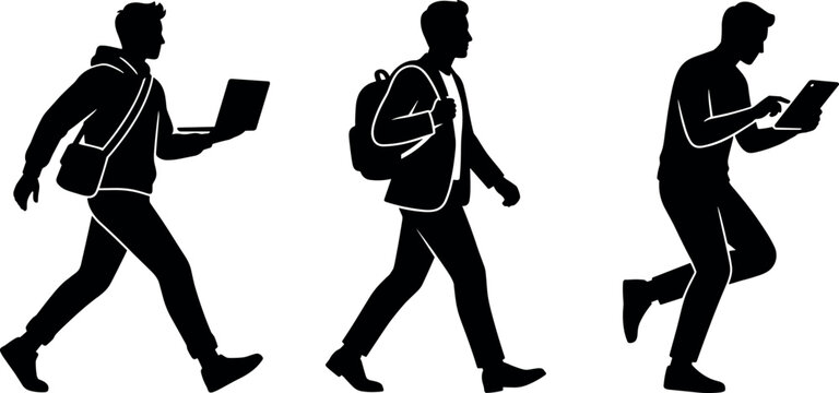 Modern business professionals with laptop tablet and backpack silhouettes representing remote work digital nomads online learning and technology
