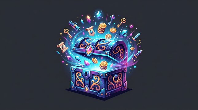Fantasy open chest overflowing with glowing gems and golden treasure