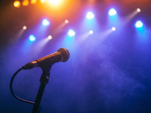 Live performance concept, microphone on stand in a concert venue, stage lighting and atmospheric fog effects