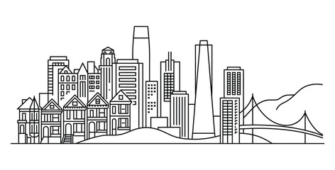 Obraz premium San francisco skyline linear illustration iconic buildings and golden gate bridge artwork