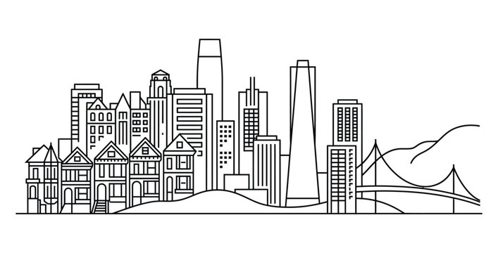 San francisco skyline linear illustration iconic buildings and golden gate bridge artwork