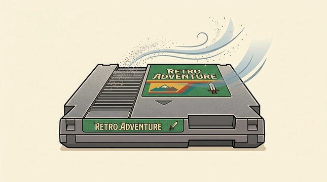 Retro video game cartridge with dust being blown off the pins